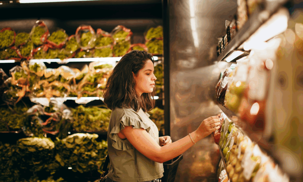 Woman standing in a supermarket looking at fresh produce