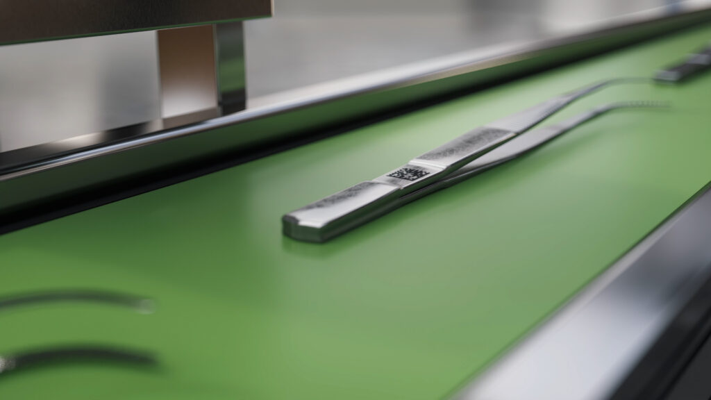 2D code laser marked onto a set of medical grade tweezers
